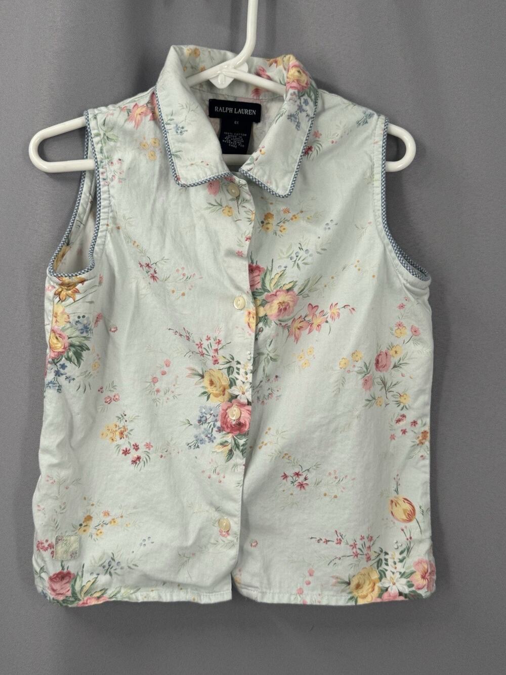 Ralph Lauren Avignon Shirt Girls 6X Mint Green Floral Sleeveless Cottagecore